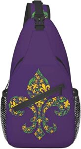 sling backpack purple fleur mardi gras travel hiking daypack pattern rope crossbody shoulder bag