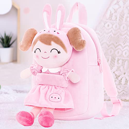 Gloveleya Bunny Plush Kids Backpack Toddler Backpacks with Stuffed Rabbit Toys Pink