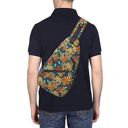 Skull And Flowers Sling Bag For Women Men Crossbody Shoulder Backpack Unisex Chest Bags Water Resistant Travel Hiking Casual Daypack