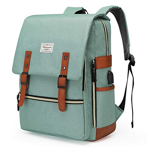 Modoker Upgraded Teal Vintage Laptop Backpack College School Bookbag for Women Men, Slim Travel Laptop Backpack with USB Charging Port Computer Bag Casual Rucksack Daypack Green