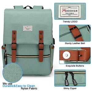 Modoker Upgraded Teal Vintage Laptop Backpack College School Bookbag for Women Men, Slim Travel Laptop Backpack with USB Charging Port Computer Bag Casual Rucksack Daypack Green