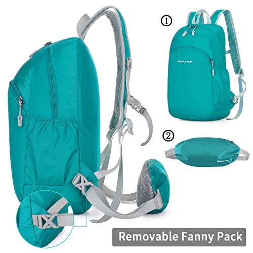 Seoky Rop Women Men Lightweight Packable Backpack Water Resistant Hiking Daypack Small Foldable Travel Backpack with Waist Bag Lake Blue