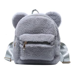 tomato city fuzzy sherpa purse backpack pink plaid fluffy shoulder bag girls cow pendant (grey c)