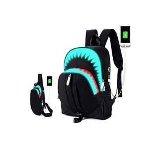 coconono school backpack shark luminous laptops backpack with usb charging port, water resistant unisex daypack travel rucksack black