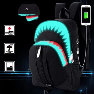 COCONONO School Backpack Shark Luminous Laptops Backpack with USB Charging Port, Water Resistant Unisex Daypack Travel Rucksack Black
