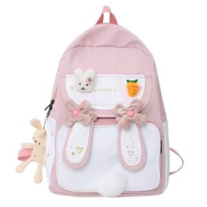 YUESUO Kawaii Large Backpack with Cute Bunny Ear Backpack Pendant Pins for Teen Girl Student School Bag Bookbag Satchel Laptop (Pink,Large)