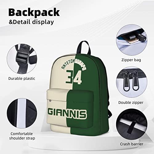 VIHIRA Milwaukee-Giannis-Antetokounmpo#34 Basketball Backpack School Bag Adjustable Large Capacity Leisure Book Bag Unisex