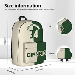 VIHIRA Milwaukee-Giannis-Antetokounmpo#34 Basketball Backpack School Bag Adjustable Large Capacity Leisure Book Bag Unisex