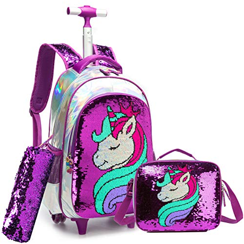 Girls Rolling Backpack Kids Backpacks with Wheels Backpack for Girls for School with Lunch Box Unicorn Reversible Sequin School Bags