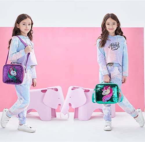 Girls Rolling Backpack Kids Backpacks with Wheels Backpack for Girls for School with Lunch Box Unicorn Reversible Sequin School Bags