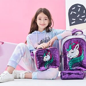 Girls Rolling Backpack Kids Backpacks with Wheels Backpack for Girls for School with Lunch Box Unicorn Reversible Sequin School Bags