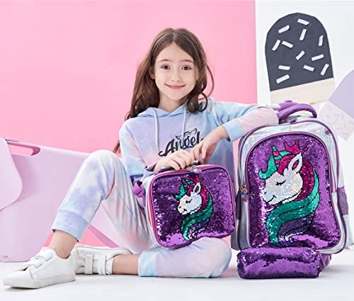 Girls Rolling Backpack Kids Backpacks with Wheels Backpack for Girls for School with Lunch Box Unicorn Reversible Sequin School Bags