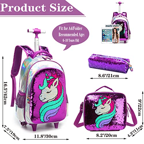 Girls Rolling Backpack Kids Backpacks with Wheels Backpack for Girls for School with Lunch Box Unicorn Reversible Sequin School Bags