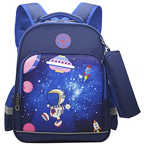 Cool Galaxy Astronaut Print Schoolbag for Boys Girls Roomy Space Backpack with Pencil Bag for Children Student Book bag (Blue with navy Astronauts)