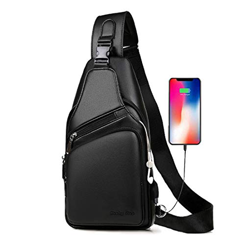 Men Leather Sling Bag Purse Waterproof Crossbody Chest Bag Sling Backpack with USB Charging Port One Shoulder Bag Black