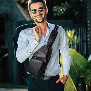 Men Leather Sling Bag Purse Waterproof Crossbody Chest Bag Sling Backpack with USB Charging Port One Shoulder Bag Black