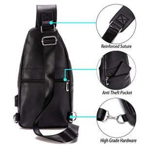 Men Leather Sling Bag Purse Waterproof Crossbody Chest Bag Sling Backpack with USB Charging Port One Shoulder Bag Black