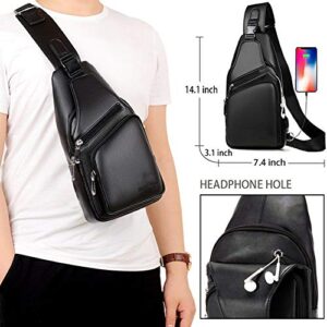 Men Leather Sling Bag Purse Waterproof Crossbody Chest Bag Sling Backpack with USB Charging Port One Shoulder Bag Black