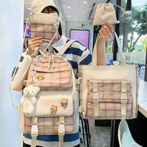 Homruis 5pcs Cute Backpack Kawaii Backpack Big Capacity School Backpack Handbag Messenger Bag with Pendant Bear for Girls