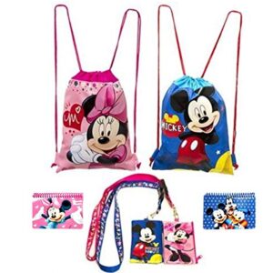 Disney Mickey and Minnie Mouse Drawstring Backpacks Plus Lanyards with Detachable Coin Purse and Autograph Books (Set of 6) (Pink - Dark Blue)