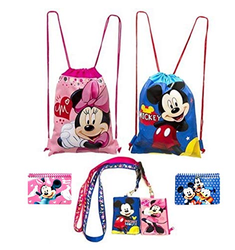 Disney Mickey and Minnie Mouse Drawstring Backpacks Plus Lanyards with Detachable Coin Purse and Autograph Books (Set of 6) (Pink - Dark Blue)