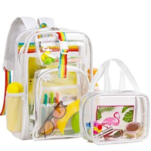 2 pieces heavy duty clear backpack(rainbow/white), pvc waterproof transparent bag with cosmetic bag, see through book bag with lunch bag, stadium approved, for school, work, women, men, boy, girl