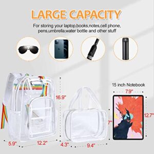 2 Pieces Heavy Duty Clear Backpack(Rainbow/White), PVC Waterproof Transparent Bag With Cosmetic Bag, See Through Book Bag With Lunch Bag, Stadium Approved, For School, Work, Women, Men, Boy, Girl