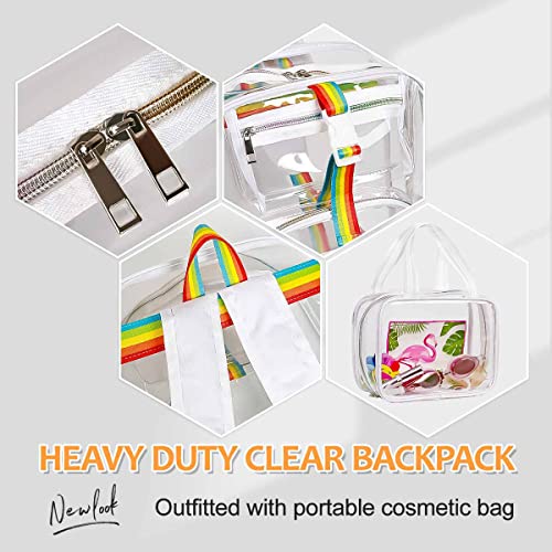 2 Pieces Heavy Duty Clear Backpack(Rainbow/White), PVC Waterproof Transparent Bag With Cosmetic Bag, See Through Book Bag With Lunch Bag, Stadium Approved, For School, Work, Women, Men, Boy, Girl