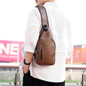 Sling Backpack for Men Leather Chest Bag Crossbody Shoulder Bag with USB Charge Port Brown