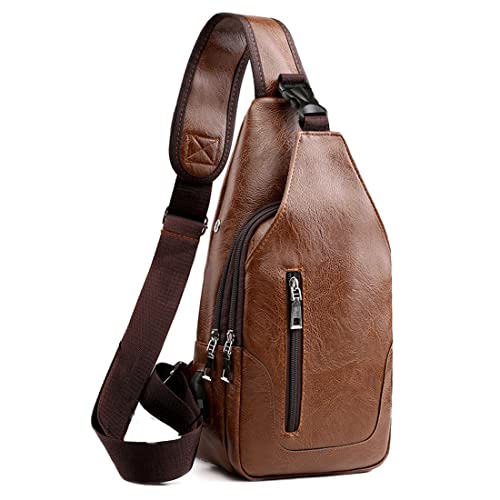 Sling Backpack for Men Leather Chest Bag Crossbody Shoulder Bag with USB Charge Port Brown