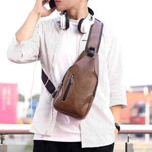 Sling Backpack for Men Leather Chest Bag Crossbody Shoulder Bag with USB Charge Port Brown