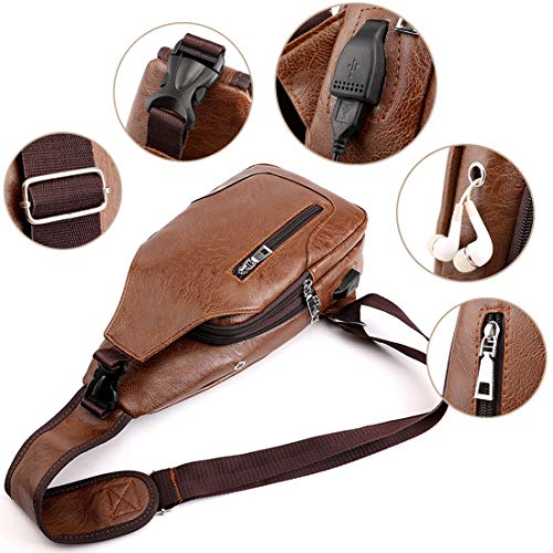 Sling Backpack for Men Leather Chest Bag Crossbody Shoulder Bag with USB Charge Port Brown