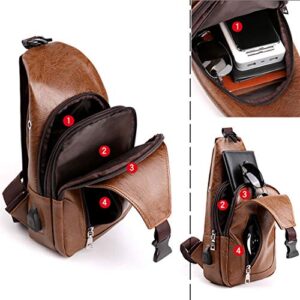 Sling Backpack for Men Leather Chest Bag Crossbody Shoulder Bag with USB Charge Port Brown