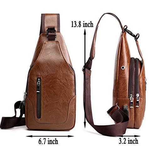 Sling Backpack for Men Leather Chest Bag Crossbody Shoulder Bag with USB Charge Port Brown