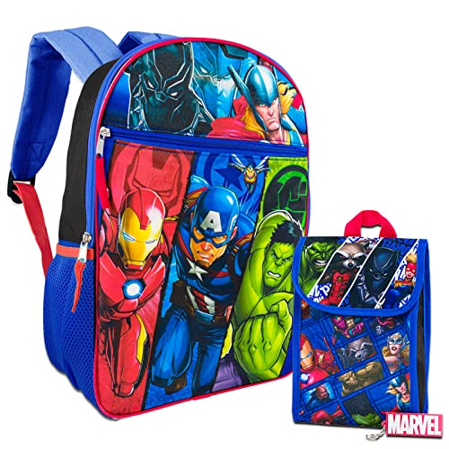 Marvel Shop Marvel Avengers Backpack, Lunch Box, and Spiderman School Supplies Set ~ Bundle with 16 Avengers School Bag, Lunch Box, Stickers, Notebook, and More Superhero superhero backpacks