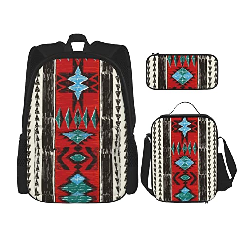 3 Piece Set Backpacks Orange Tribal Aztec Geometric Ethnic Ornamental Style Native American Indian Book Bag Travel Work School Bag Pencil Case Lunch Bag Combination For Men Women Boys Girls One Size