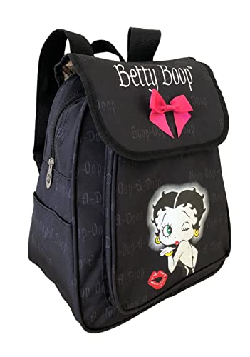 LuxeBag Betty Boop Canvas Backpack with Ribbon: 13 inches height (Black: Wink)