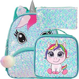 3pcs toddler backpack for girls, 12″ unicorn sequin preschool bookbag and lunch box- green