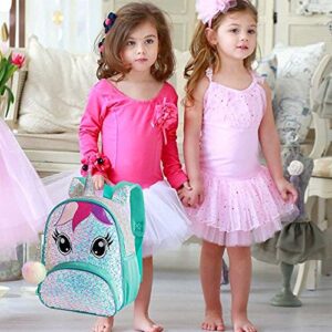 3PCS Toddler Backpack for Girls, 12" Unicorn Sequin Preschool Bookbag and Lunch Box- Green