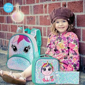 3PCS Toddler Backpack for Girls, 12" Unicorn Sequin Preschool Bookbag and Lunch Box- Green
