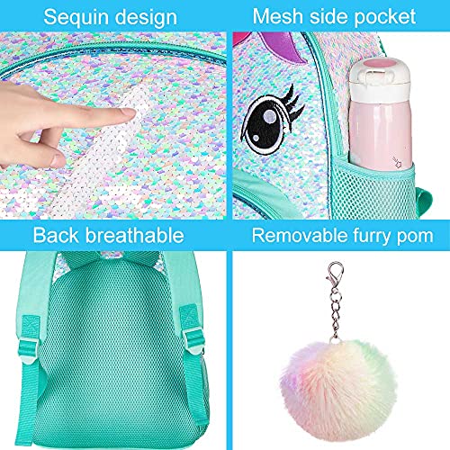 3PCS Toddler Backpack for Girls, 12" Unicorn Sequin Preschool Bookbag and Lunch Box- Green