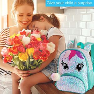 3PCS Toddler Backpack for Girls, 12" Unicorn Sequin Preschool Bookbag and Lunch Box- Green