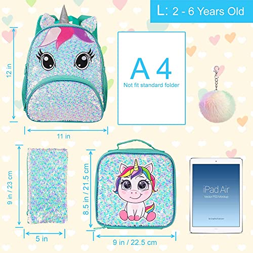 3PCS Toddler Backpack for Girls, 12" Unicorn Sequin Preschool Bookbag and Lunch Box- Green