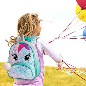 3PCS Toddler Backpack for Girls, 12" Unicorn Sequin Preschool Bookbag and Lunch Box- Green