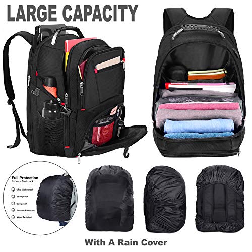 Travel Backpack for Men Women,Extra Large 17 Inch Laptop Bag with USB Port & Rain Cover for College School Bookbags,TSA Friendly Water Resistant Business Computer Bag with Luggage Strap (M100_Black_L)