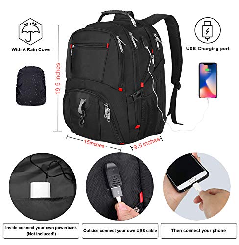 Travel Backpack for Men Women,Extra Large 17 Inch Laptop Bag with USB Port & Rain Cover for College School Bookbags,TSA Friendly Water Resistant Business Computer Bag with Luggage Strap (M100_Black_L)