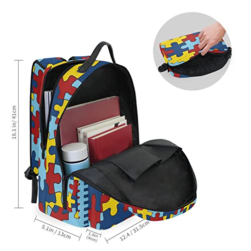 Autism Awareness Puzzle Detachable Big Student Backpack - School, Travel, or Work Bookbag with 15-Inch Laptop Compartment