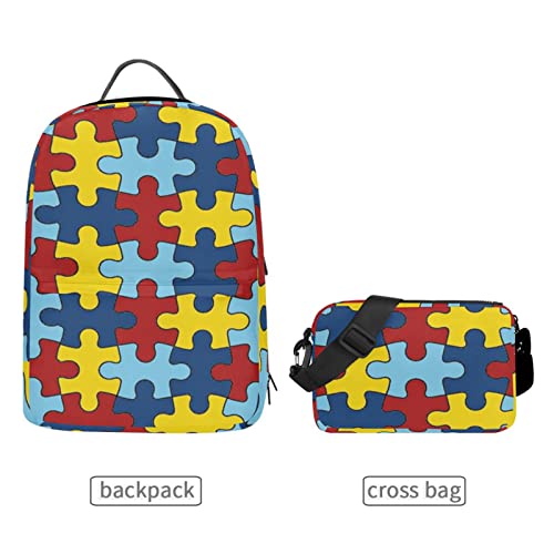 Autism Awareness Puzzle Detachable Big Student Backpack - School, Travel, or Work Bookbag with 15-Inch Laptop Compartment