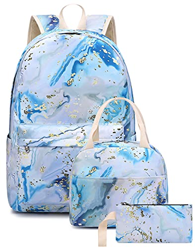 Bluboon Teen Girls School Backpack Kids Bookbag Set with Lunch Box Pencil Case Travel Laptop Backpack Casual Daypacks (Blue-white)