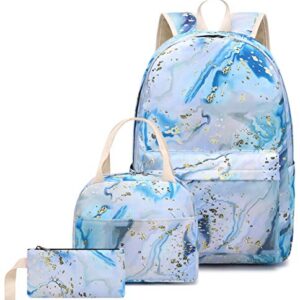 Bluboon Teen Girls School Backpack Kids Bookbag Set with Lunch Box Pencil Case Travel Laptop Backpack Casual Daypacks (Blue-white)